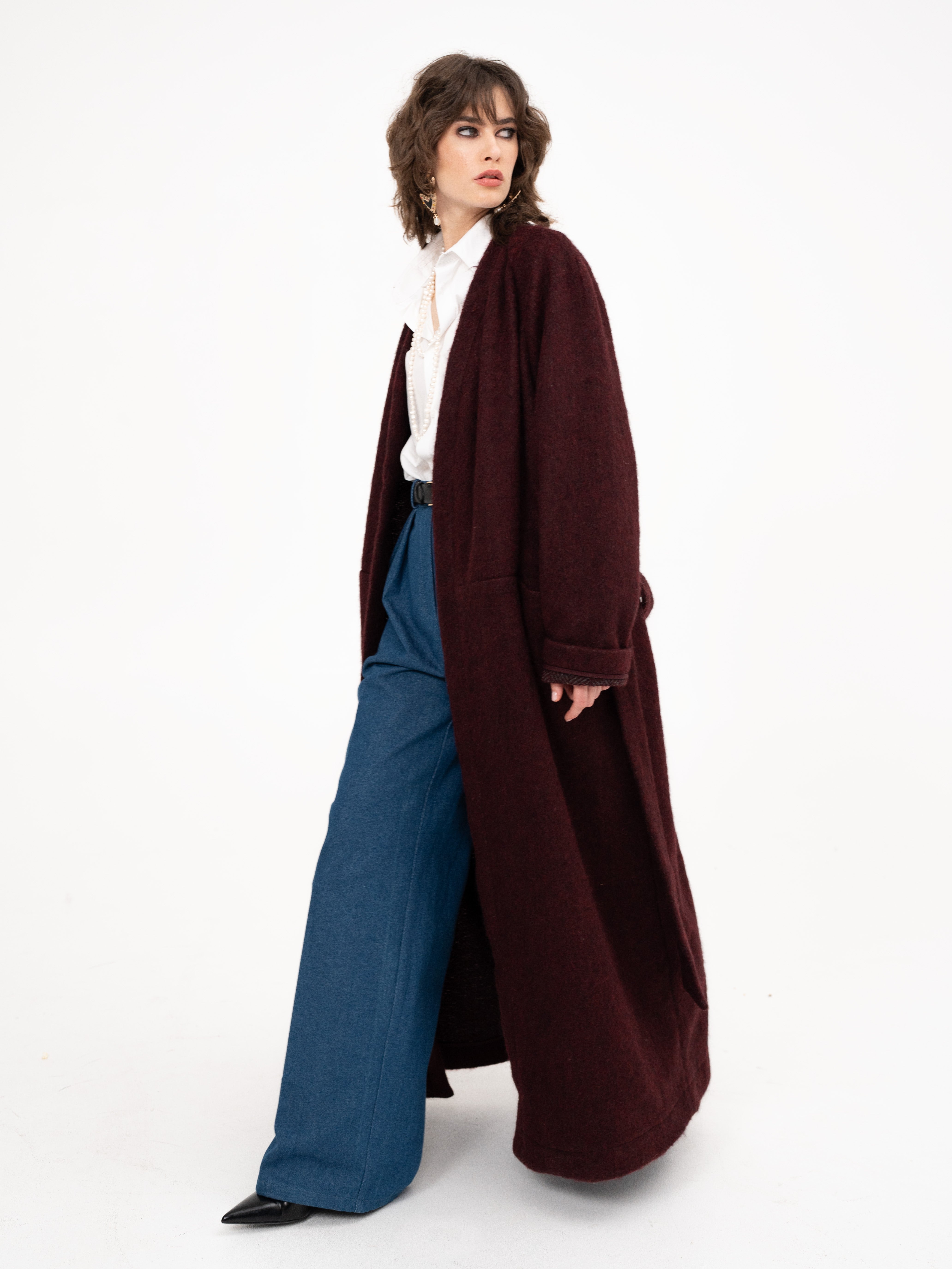 Wool Maxi Long Coat in Burgundy Color - Red Wine Supernova