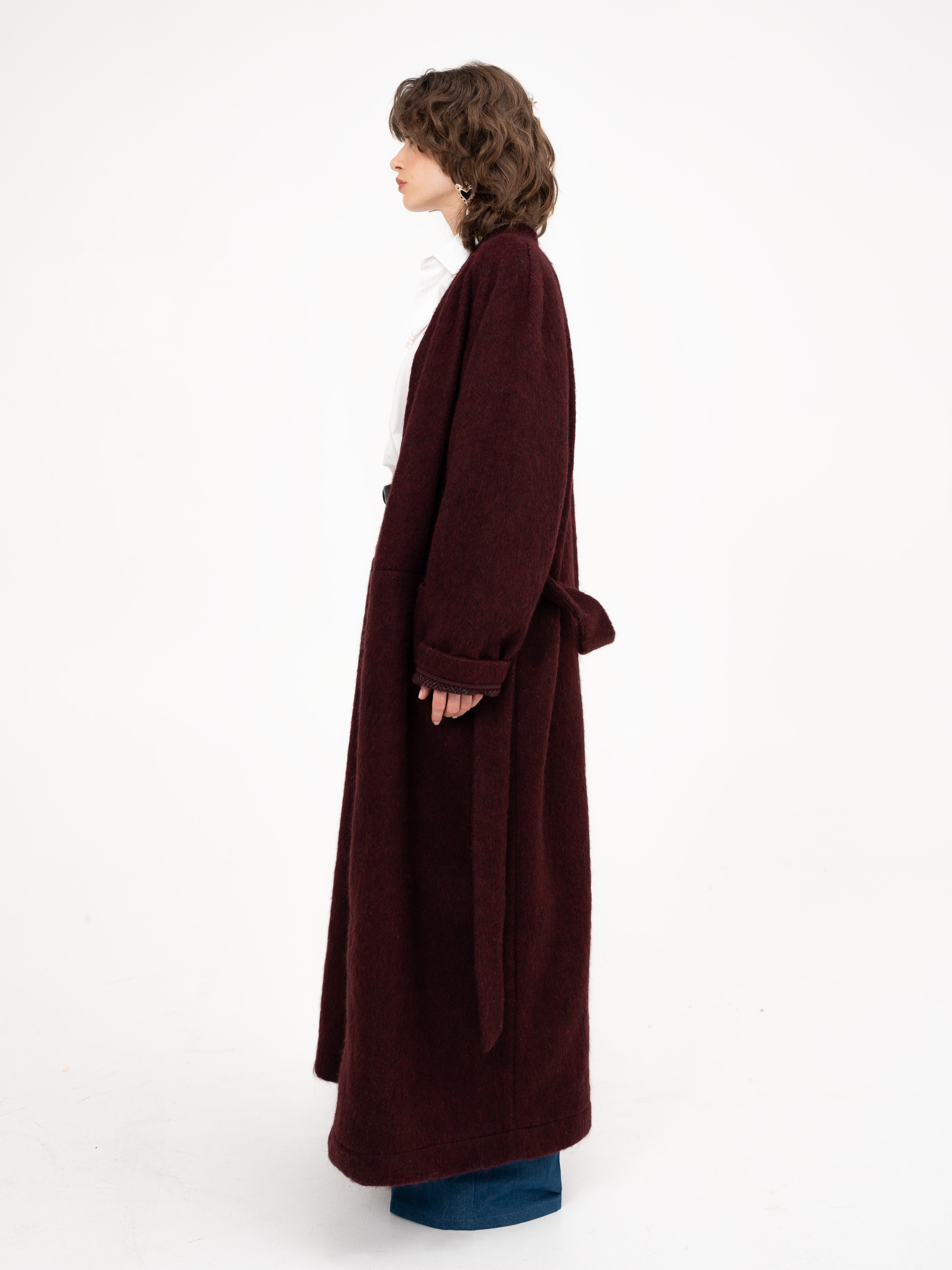 Wool Maxi Long Coat in Burgundy Color - Red Wine Supernova