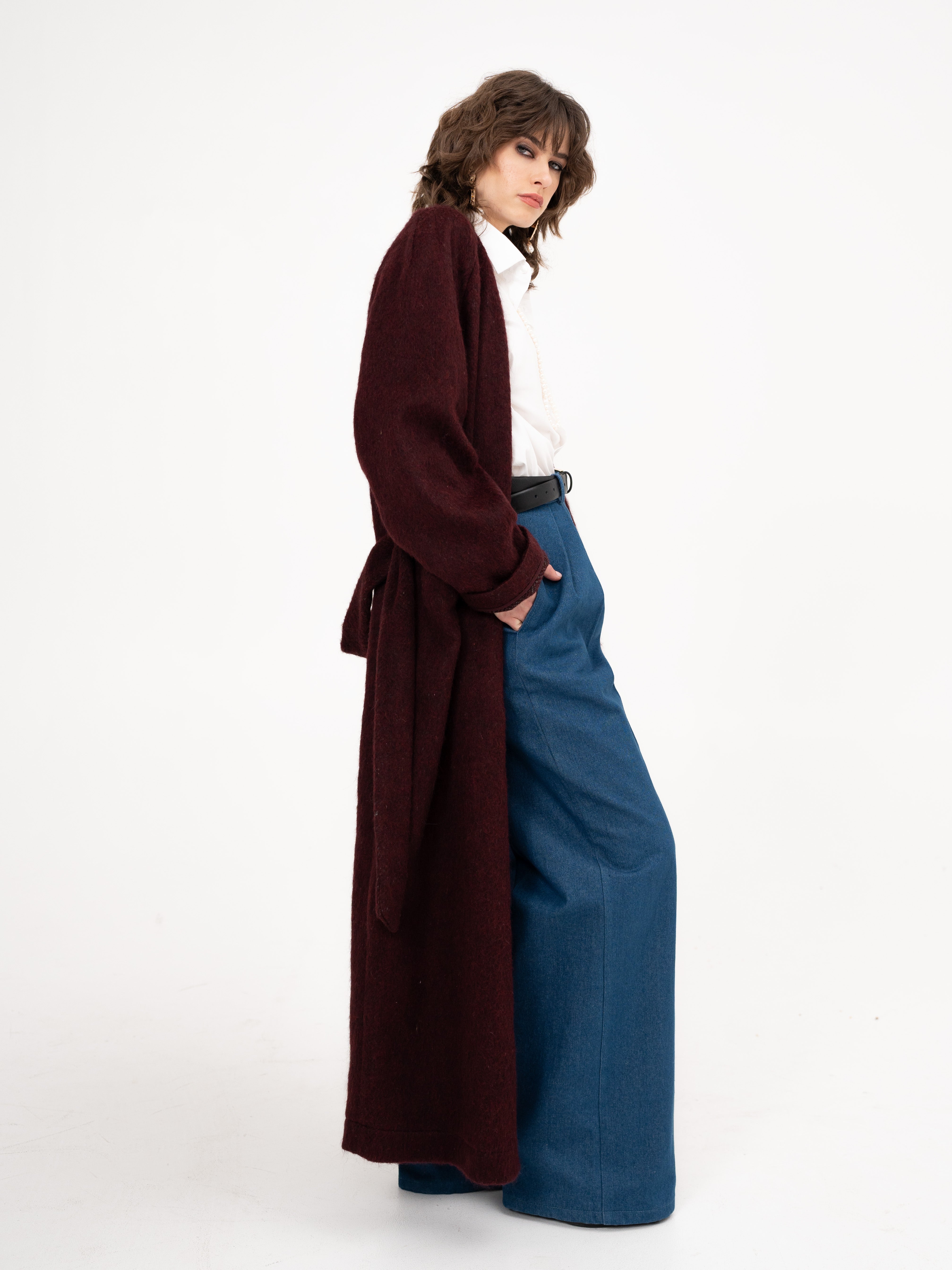 Wool Maxi Long Coat in Burgundy Color - Red Wine Supernova