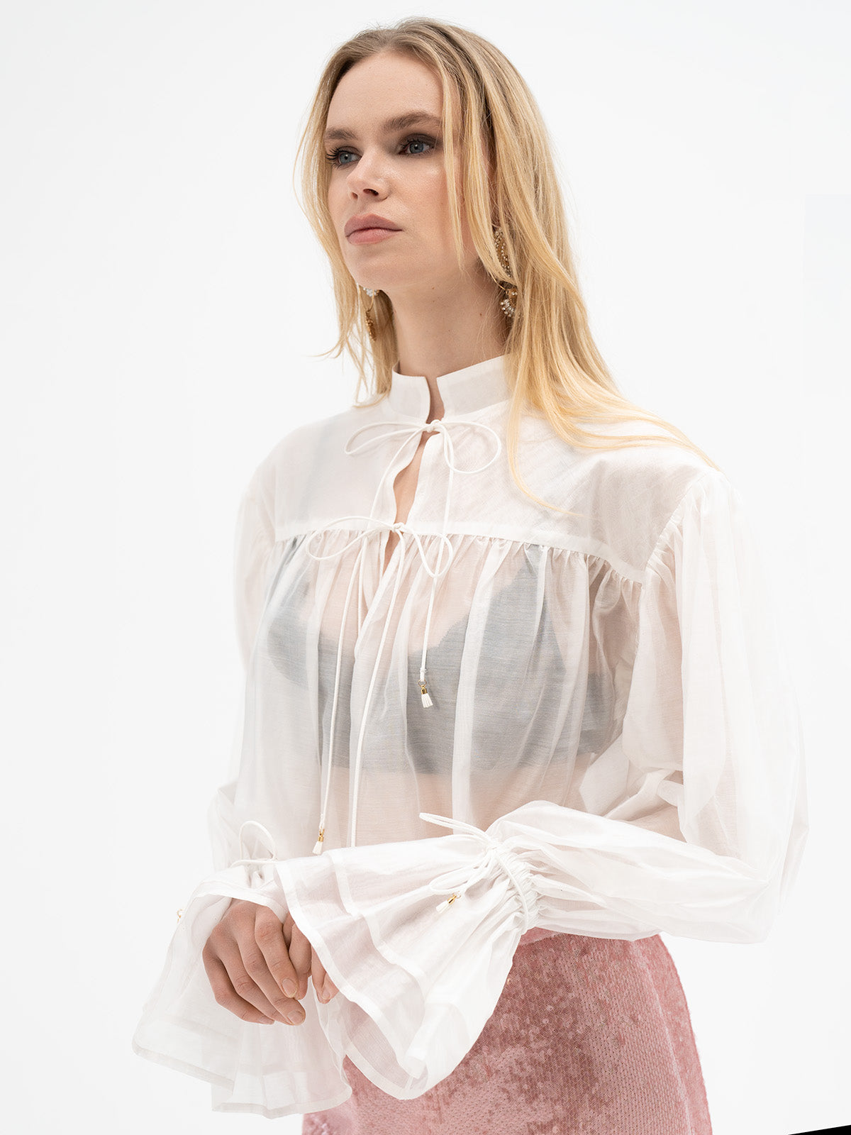 Sheer White Tie-Neck Blouse - Ingwaz Rune
