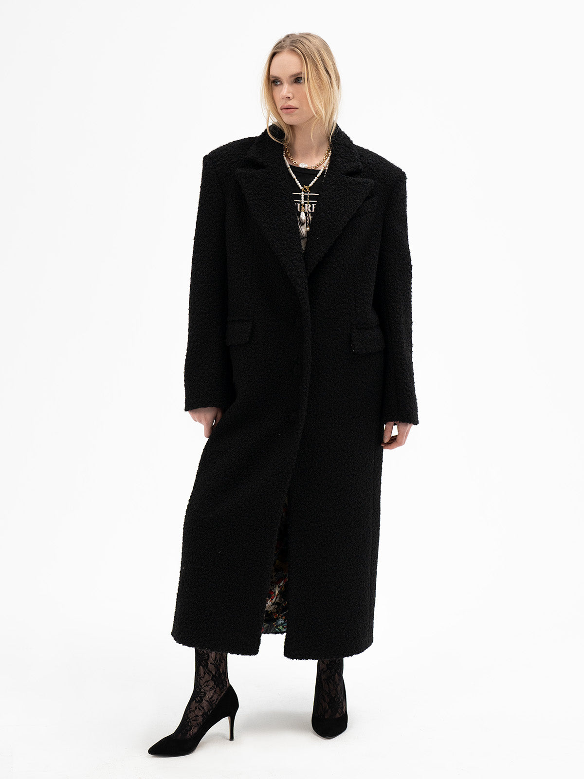 Black Bouclé Wool Maxi Coat - Teiwaz Rune