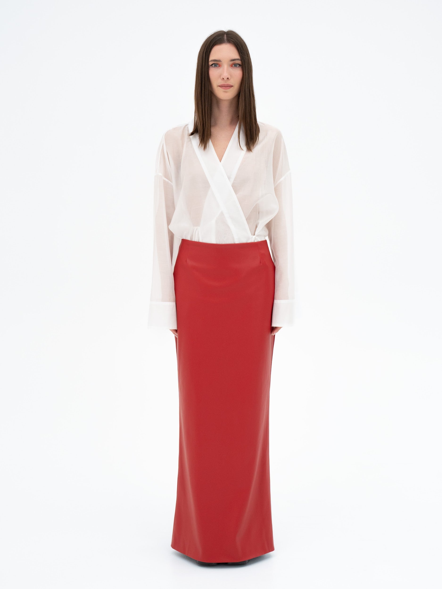 red faux leather skirt, red maxi skirt, faux leather maxi skirt, designer red skirt, high waisted maxi skirt, luxury women's skirt, statement skirt women, contemporary womenswear, elegant red skirt, leather look skirt, designer fashion skirt, Japanese inspired fashion, red statement clothing, Amoriter skirt, faux leather long skirt