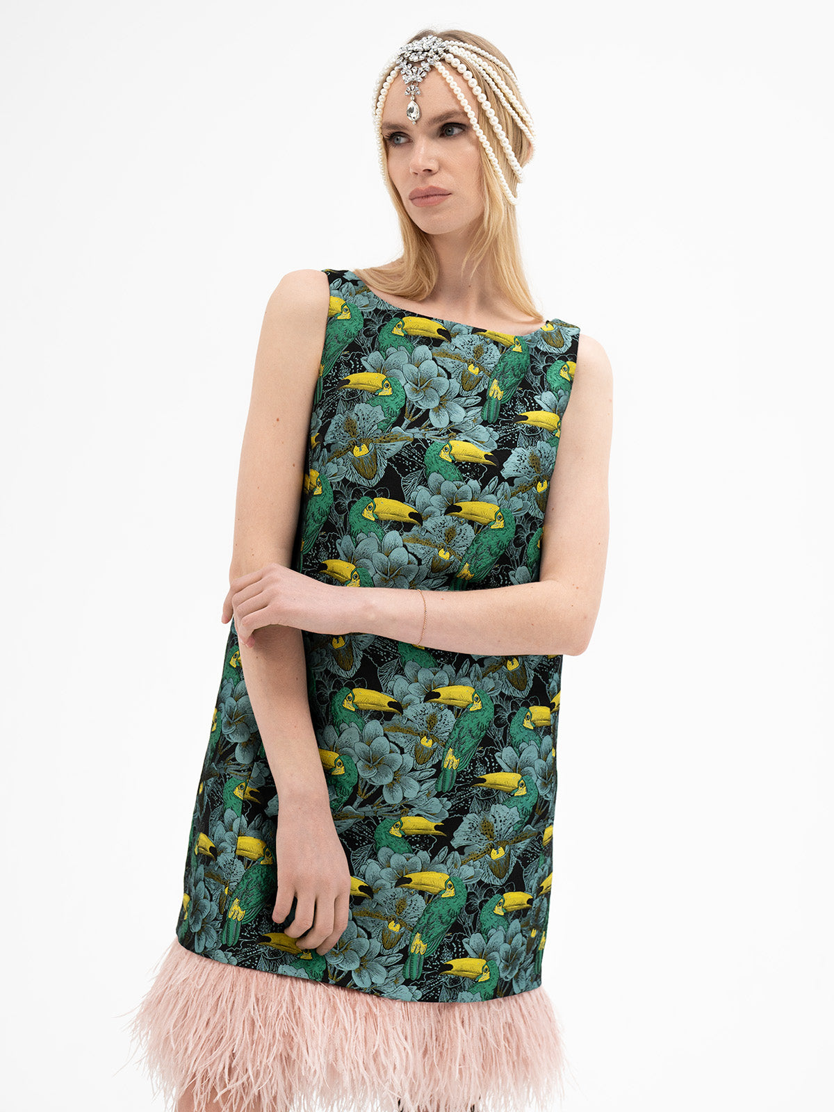 Silk Jacquard Feather Dress - Mannaz Rune