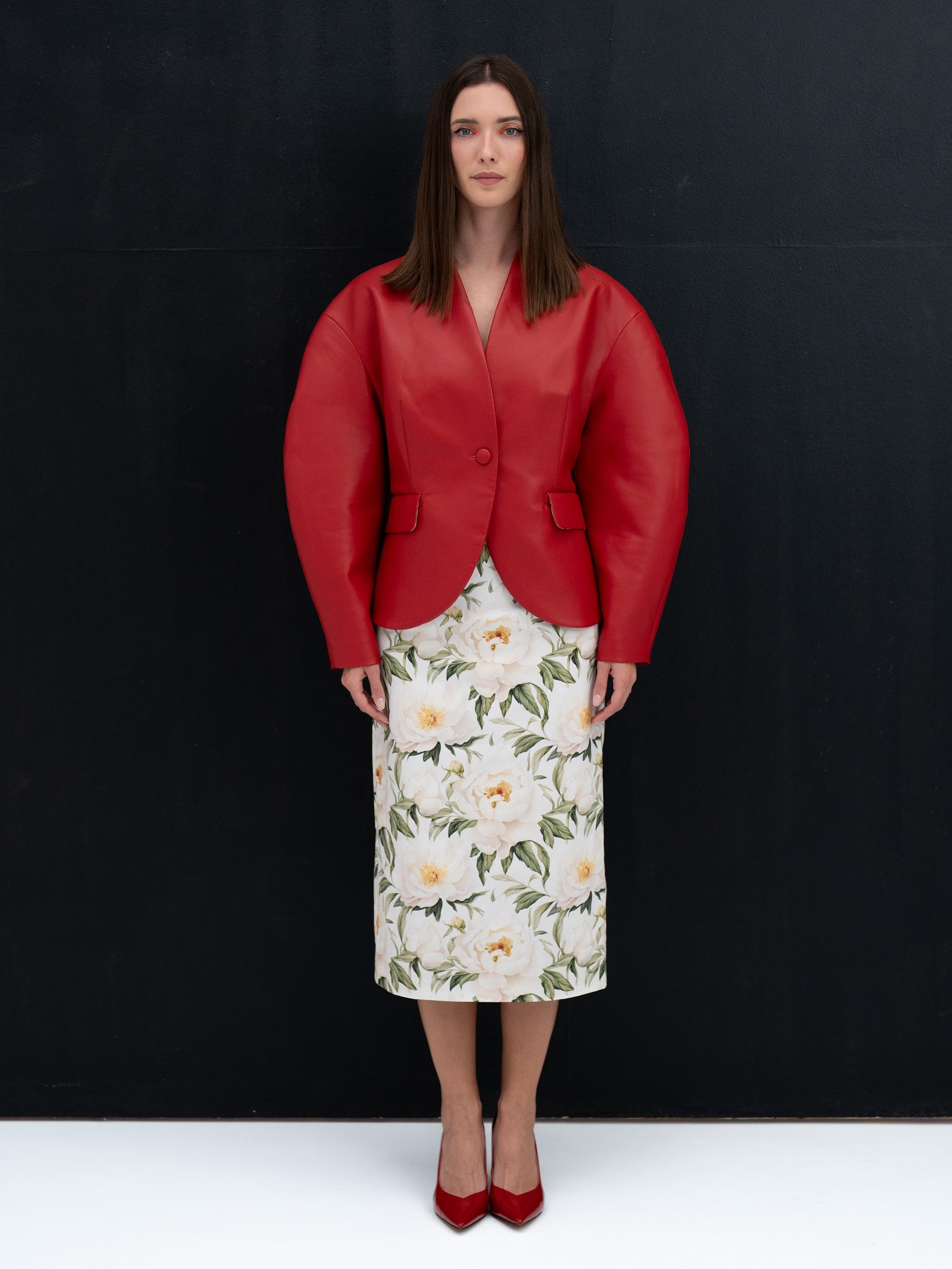 HI NO TORI RED FAUX SCULPTED BLAZER