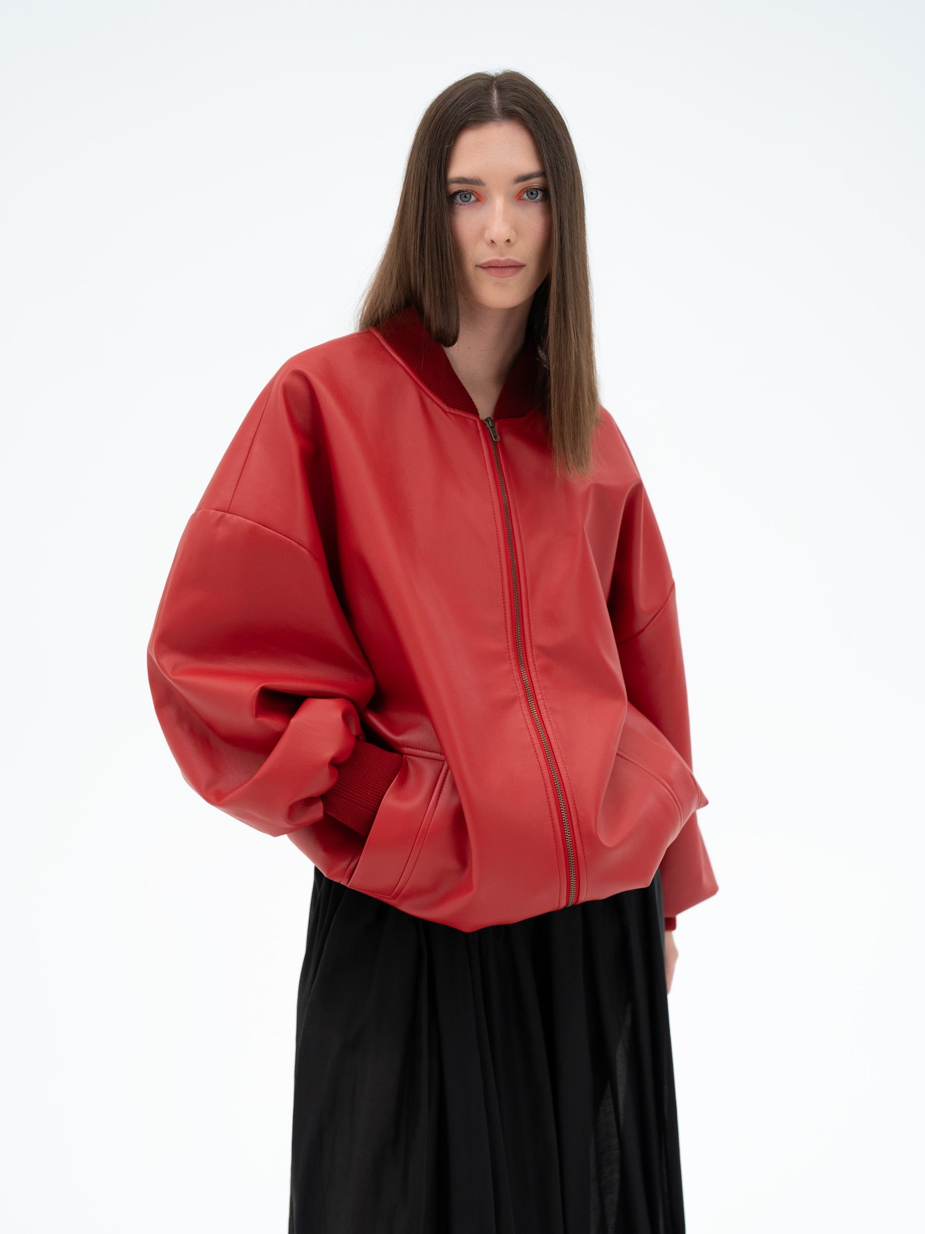MUSUBI RED FAUX LEATHER BOMBER JACKET