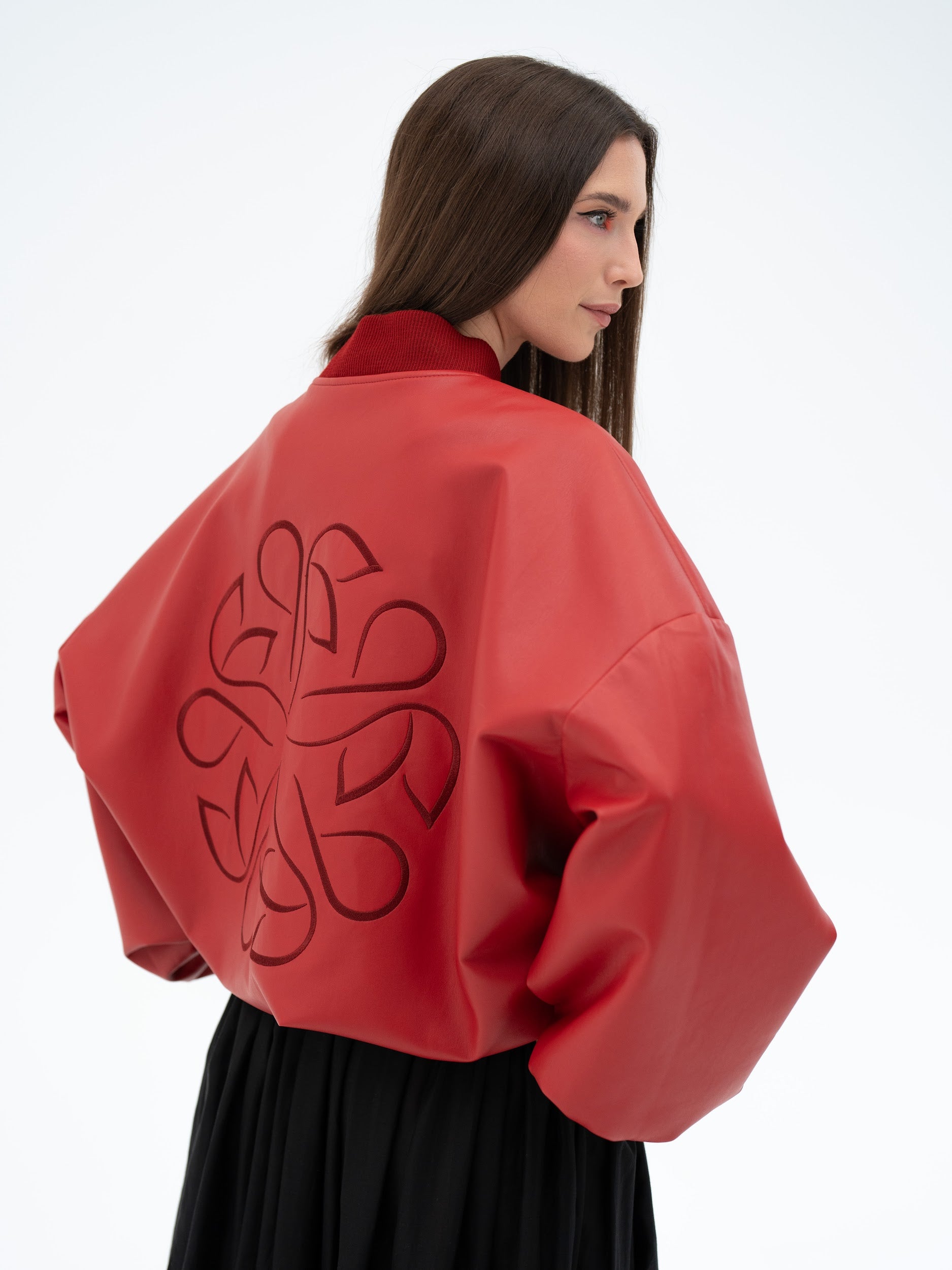 MUSUBI RED FAUX LEATHER BOMBER JACKET