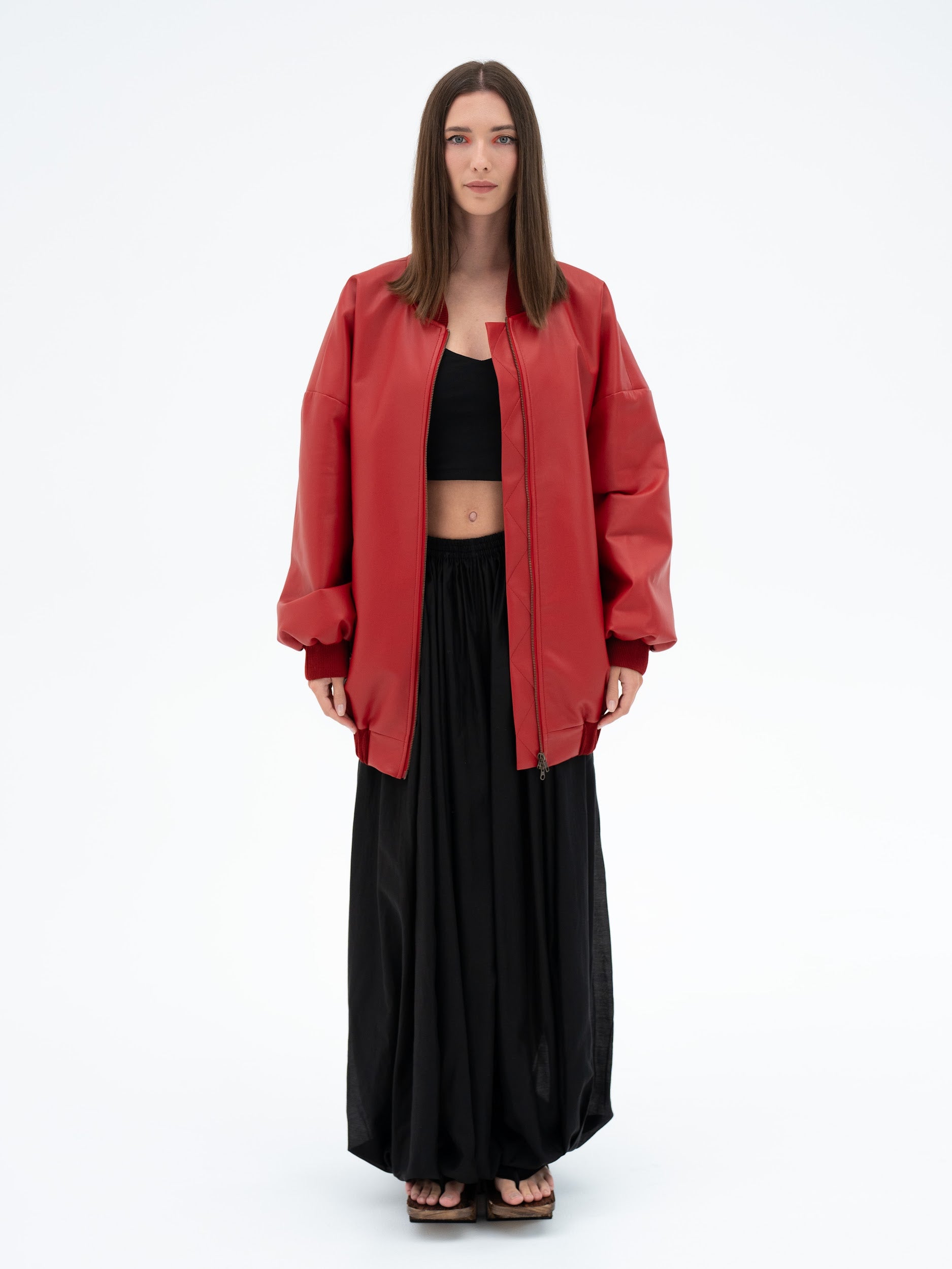 MUSUBI RED FAUX LEATHER BOMBER JACKET