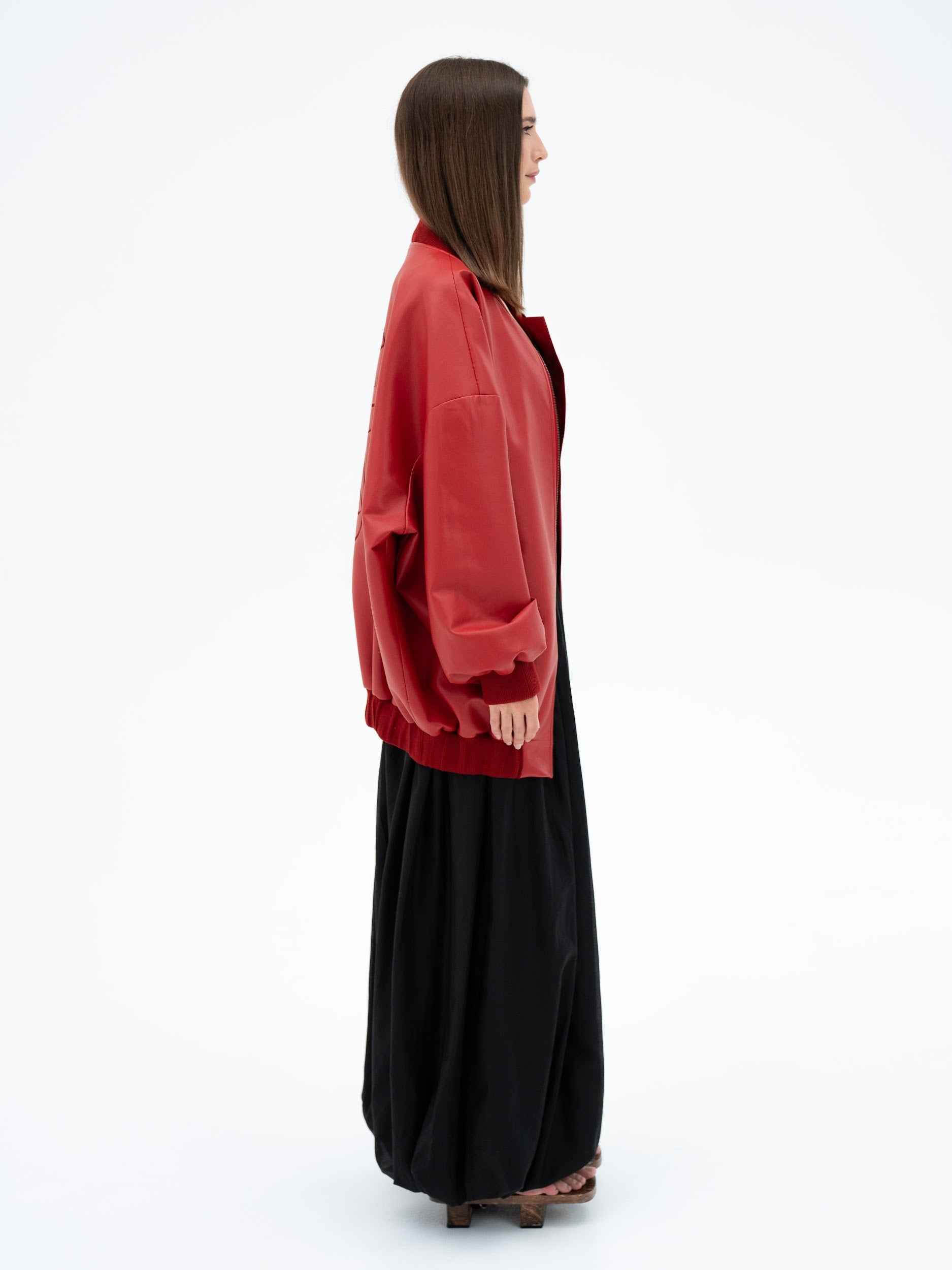 MUSUBI RED FAUX LEATHER BOMBER JACKET