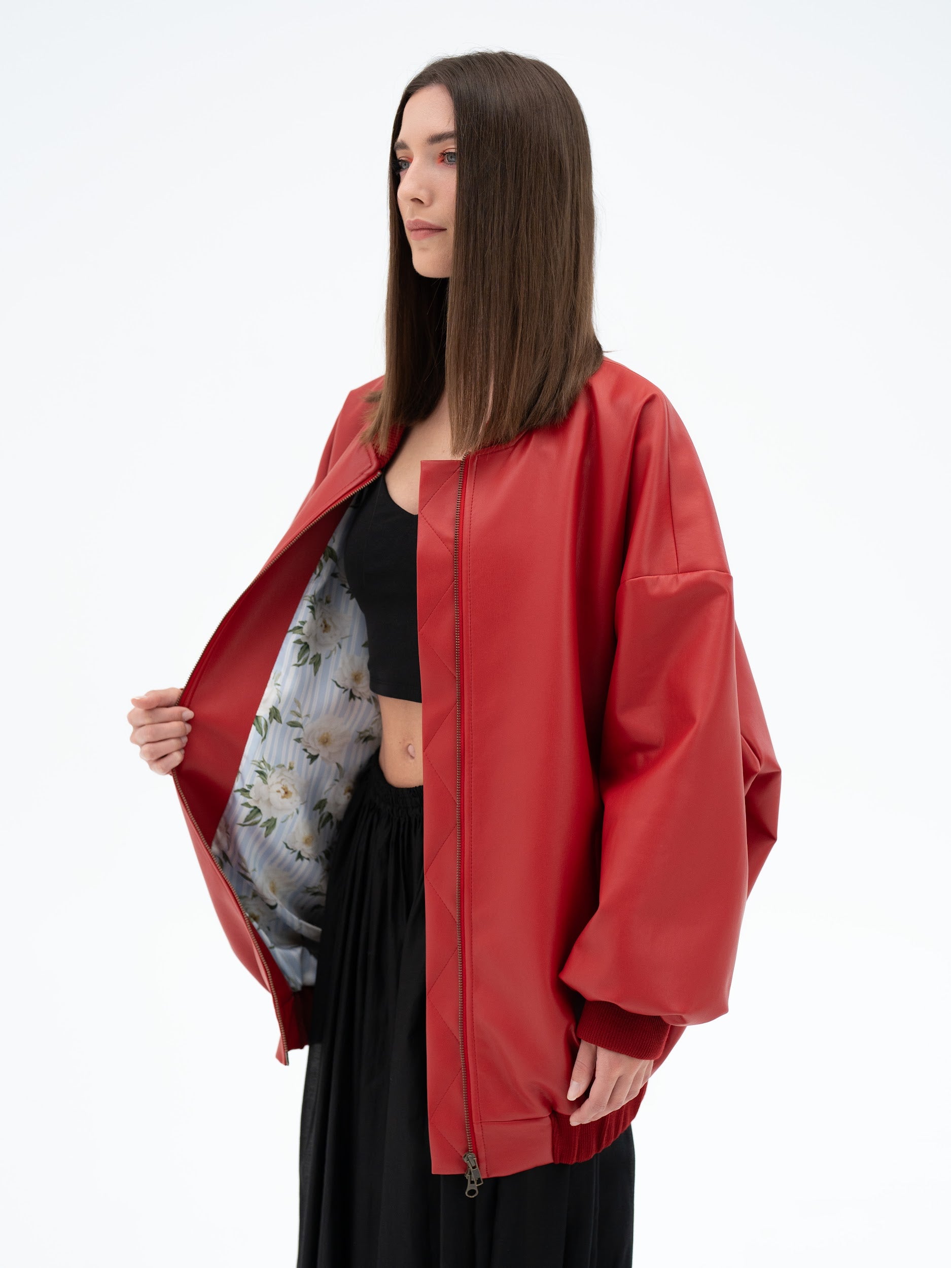 MUSUBI RED FAUX LEATHER BOMBER JACKET