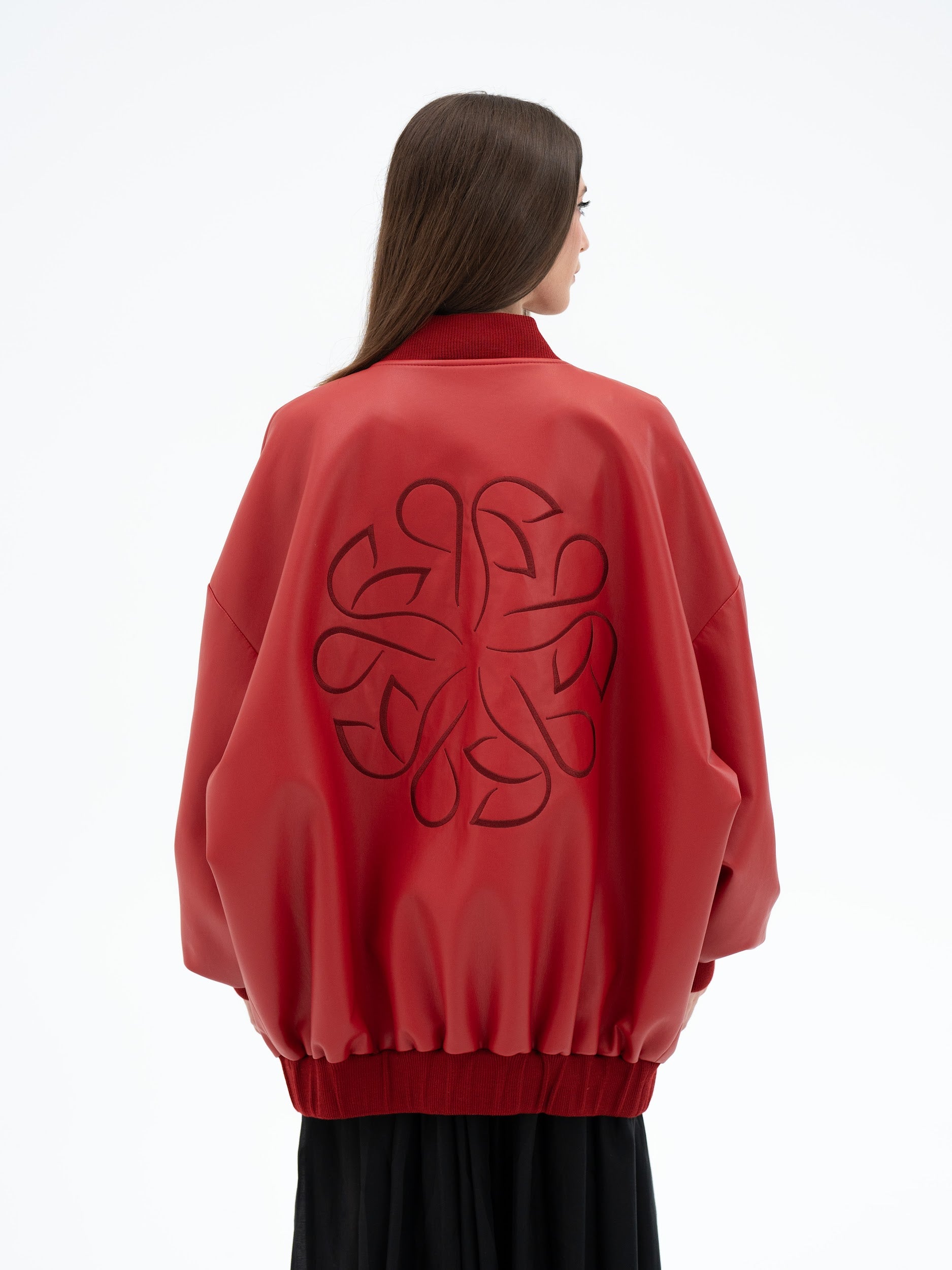 MUSUBI RED FAUX LEATHER BOMBER JACKET