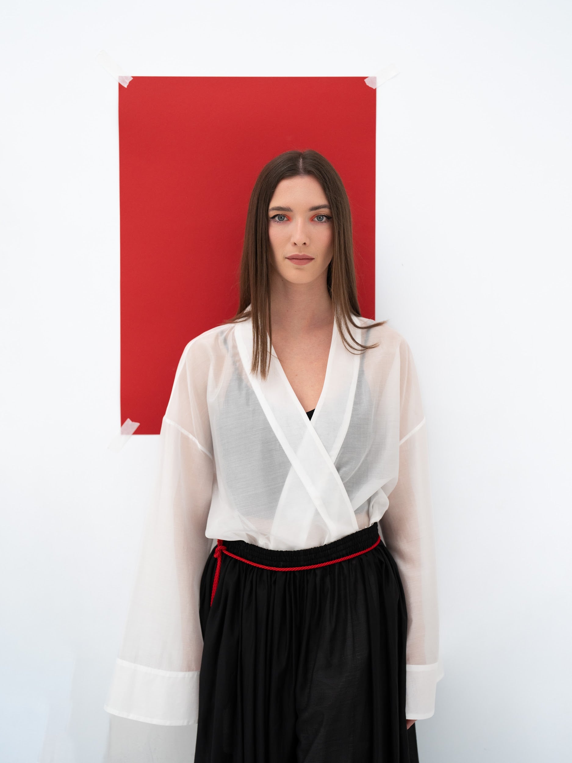 white sheer blouse, white kimono blouse, oversized white blouse, sheer kimono cardigan, designer white blouse, lightweight layering piece, elegant white top, contemporary womenswear, Japanese inspired fashion, luxury women's clothing, minimalist blouse, statement layering piece, Amoriter blouse, kimono sleeve blouse, white oversized top