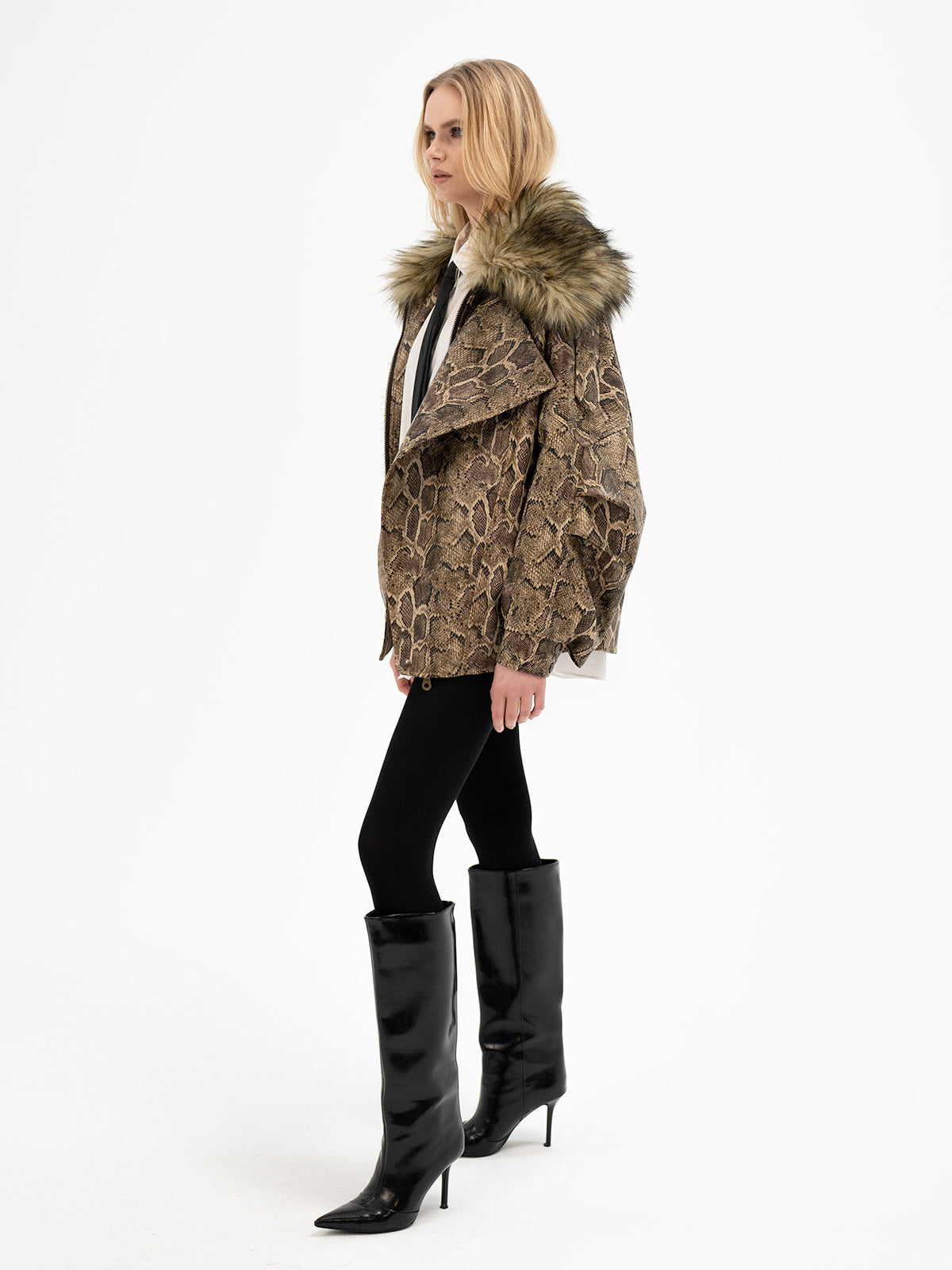 Faux Leather Snake Print Bomber with an oversized faux fur collar - Uruz Rune