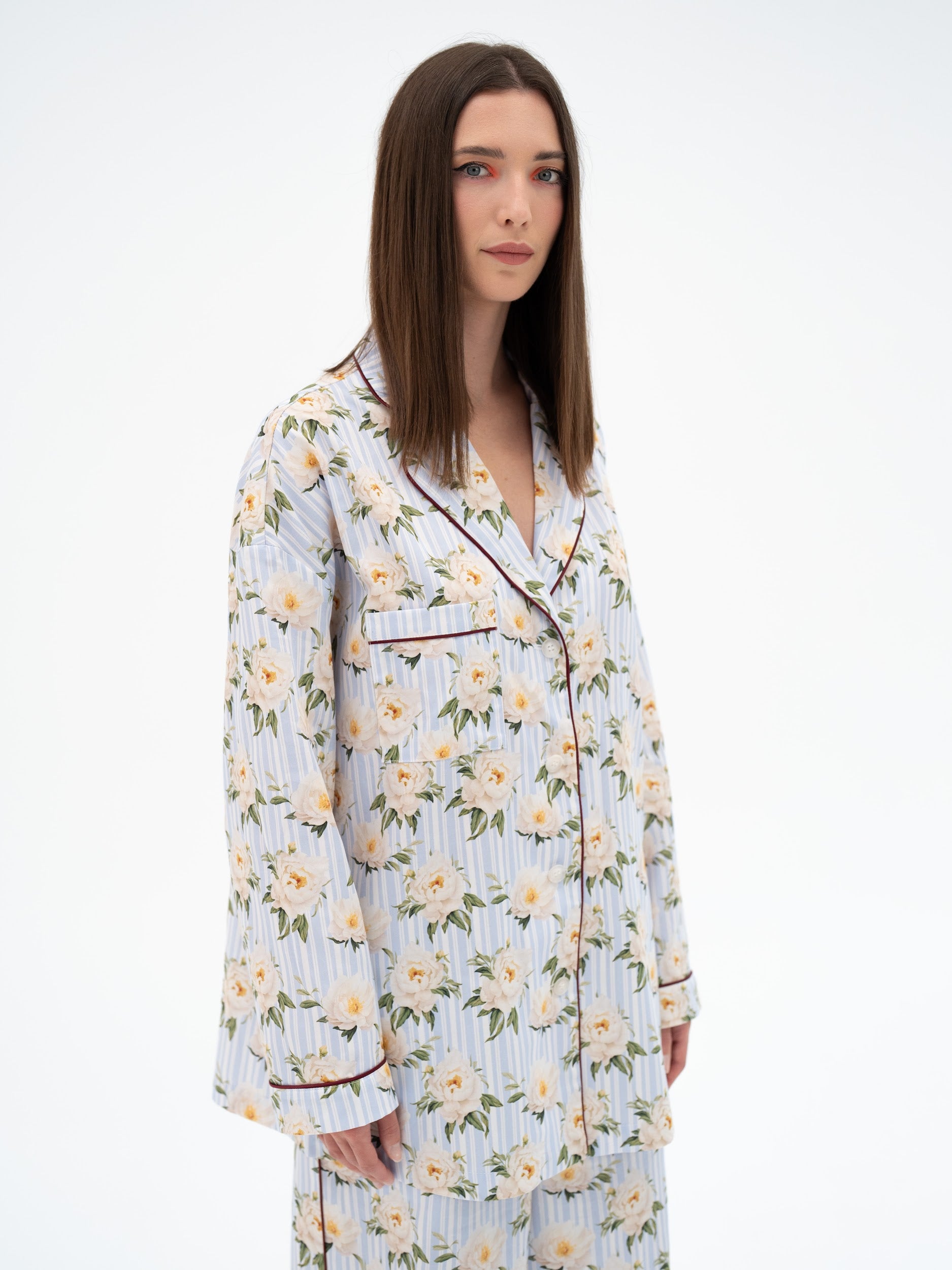 floral cotton shirt, oversized floral shirt, women's cotton shirt, floral button up shirt, designer floral blouse, floral print shirt women, oversized cotton blouse, romantic floral shirt, contemporary womenswear, luxury women's clothing, cotton floral top, statement floral shirt, matching set shirt, Amoriter shirt, floral fashion blouse