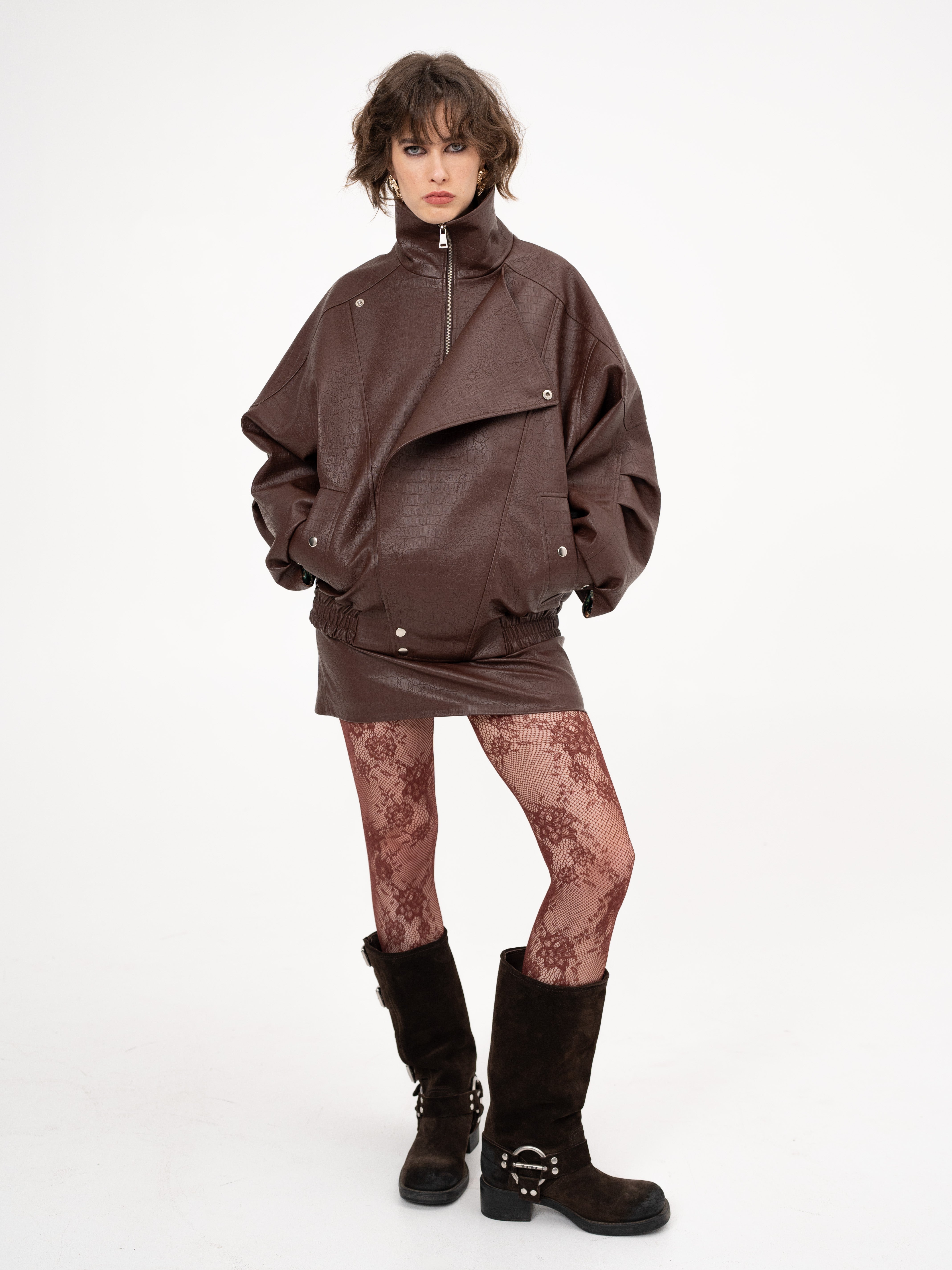 Faux leather bomber croc effect in brown - Iconic