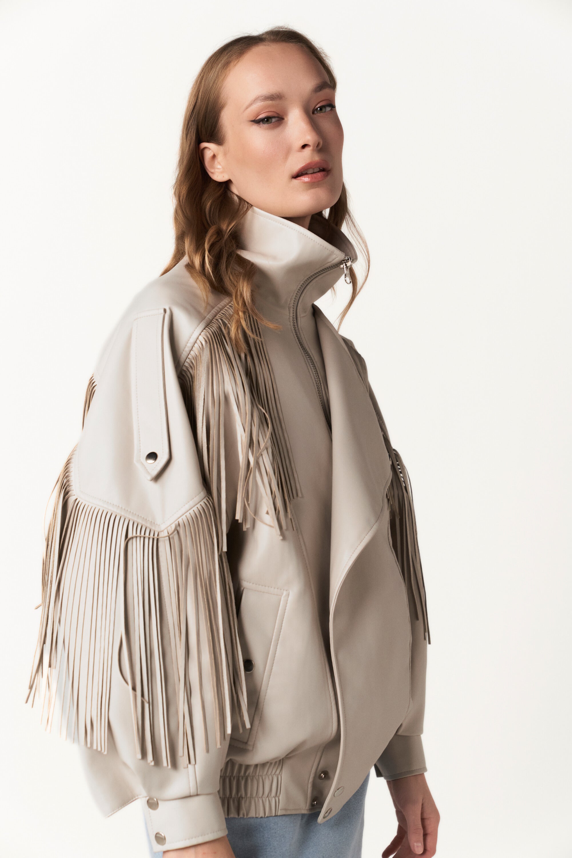 Fringed Faux Leather Bomber with Floral Lining - The Secret Bloom